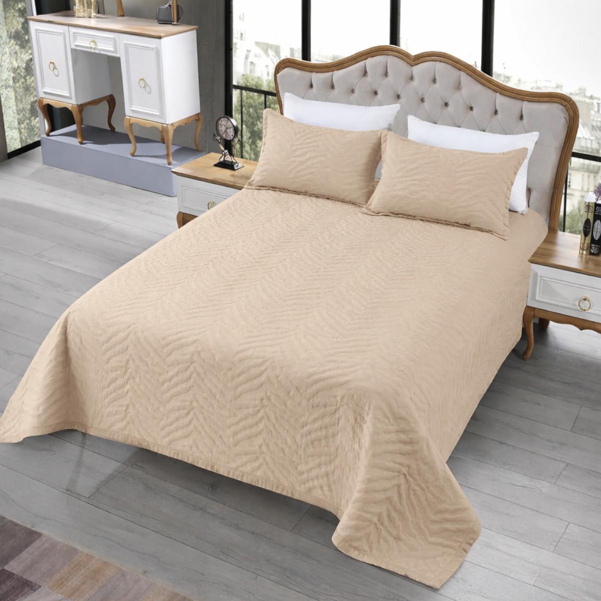 Покрывало хлопковое стеганное Евро Koloco Елка 220х240 см и 2 наволочки Бежевый (43342)