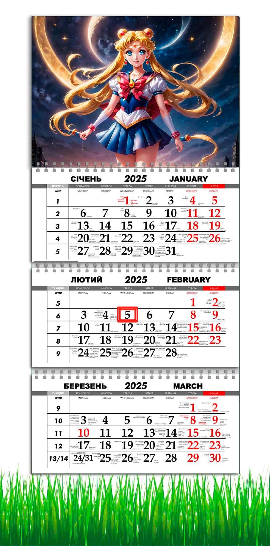 Календарь настенный квартальный на 2025 год APRIORI Сейлормун на 3 пружины 30х61 см (UA3046) Календарь настенный квартальный на 2025 год APRIORI Сейлормун на 3 пружины 30х61 см (UA3046)