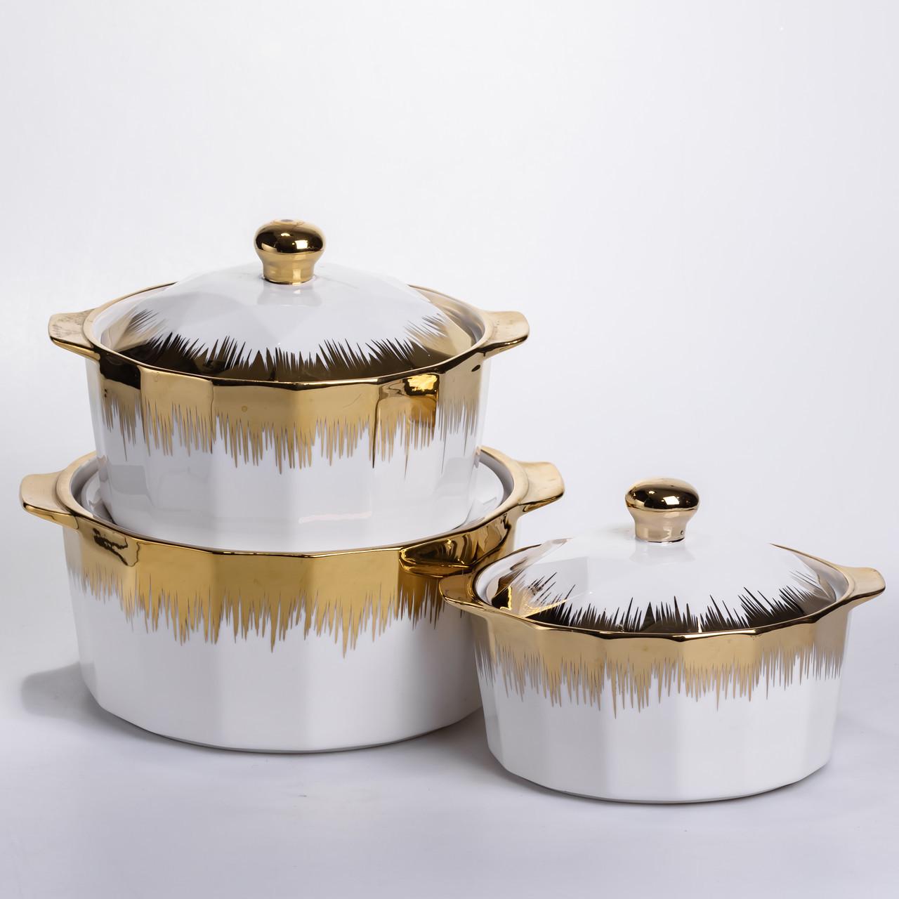 Набор супниц фарфоровых с крышкой и ручками для дома и ресторана с позолотой 3 шт. 1,5/2/3 л - фото 4 Набор супниц фарфоровых с крышкой и ручками для дома и ресторана с позолотой 3 шт. 1,5/2/3 л - фото 4