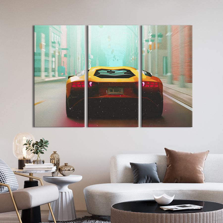 Картина на холсте триптих Lamborghini в мегаполисе 78x48 см (1342-31)