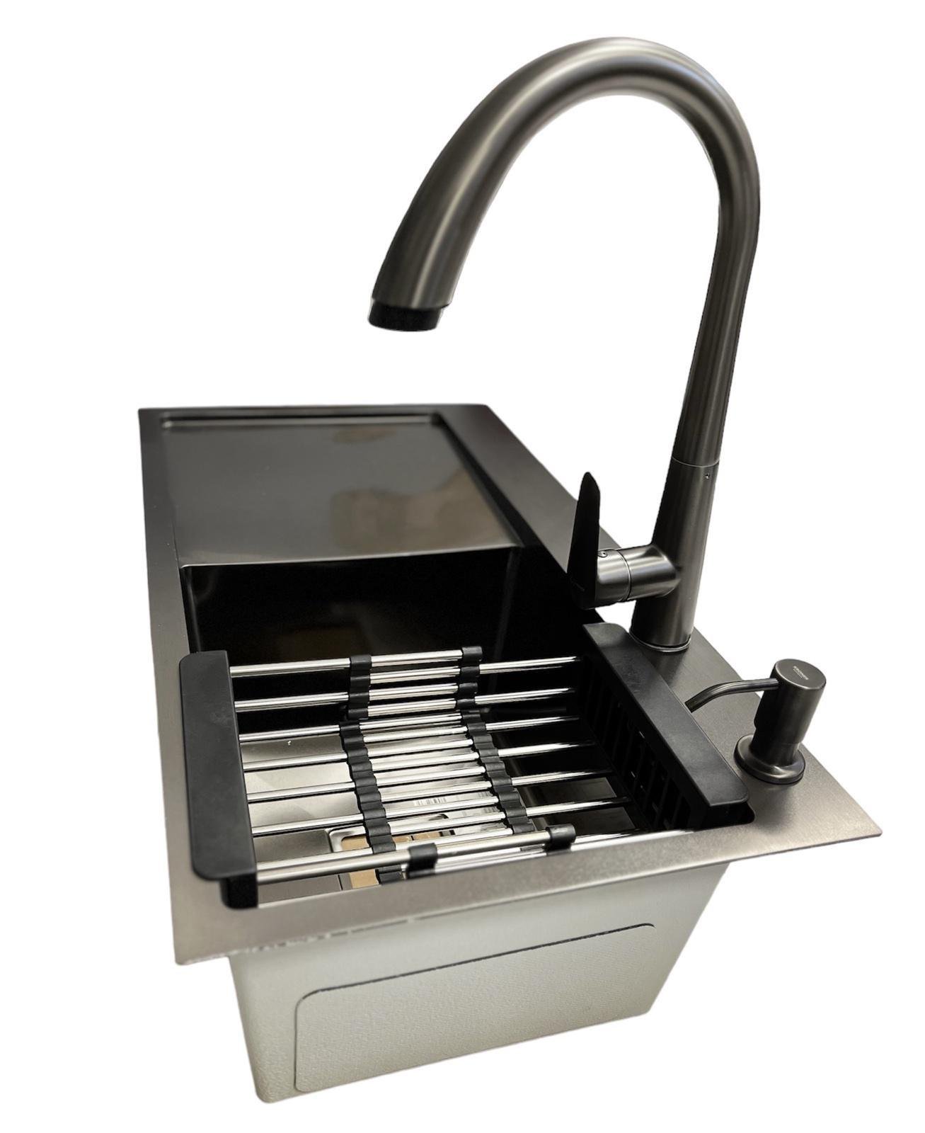 Мойка Platinum 7843 правая и выдвижной смеситель Черный