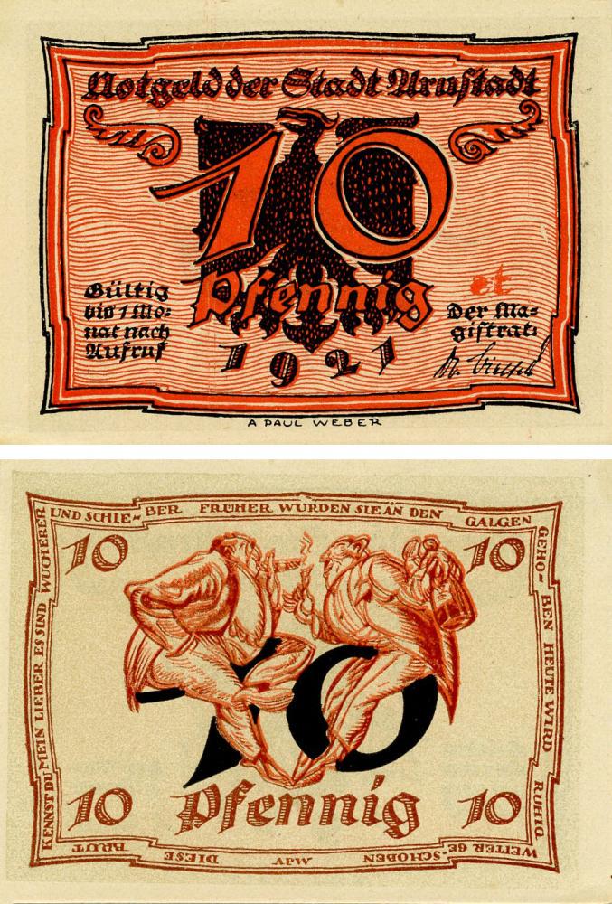 Коллекционная банкнота Германия Нотгельд 10 пфеннигов 1921 F-VF Арнштадт. Серия st (Б16141)