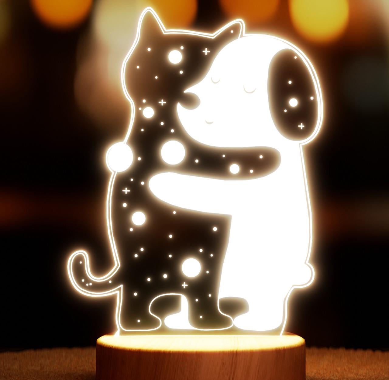 Нічник-світильник Lampic Собака і кіт обіймаються USB дерево/акрил 15х23 см Жовтий (32377391)