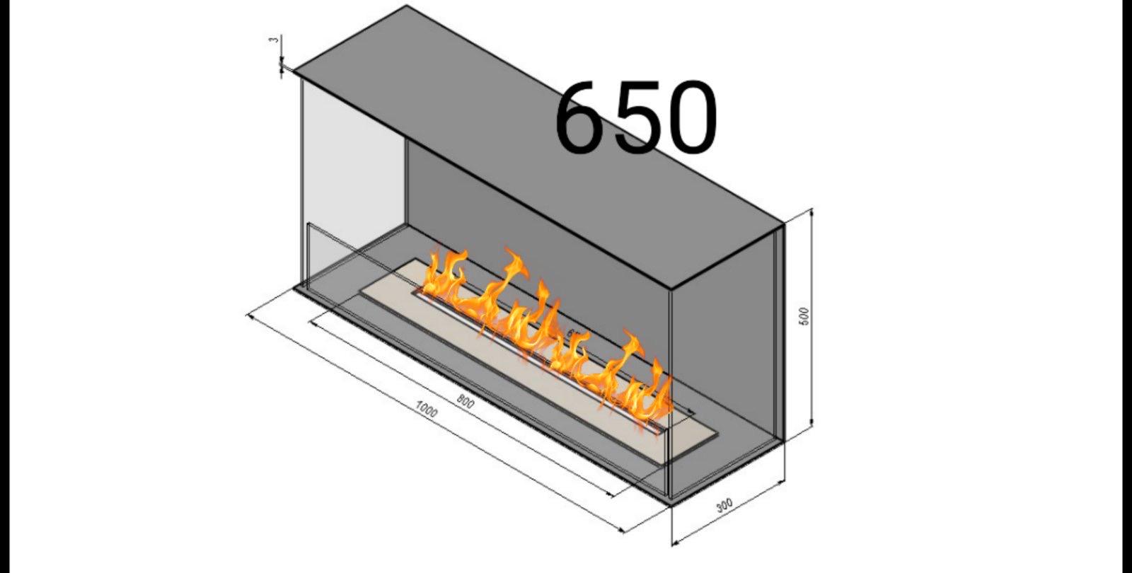 Біокамін вбудований трьохсторонній безрамочний 1000 мм з пальником та захисним склом в комплекті лінія вогню 650 мм Чорний (11501349) - фото 2