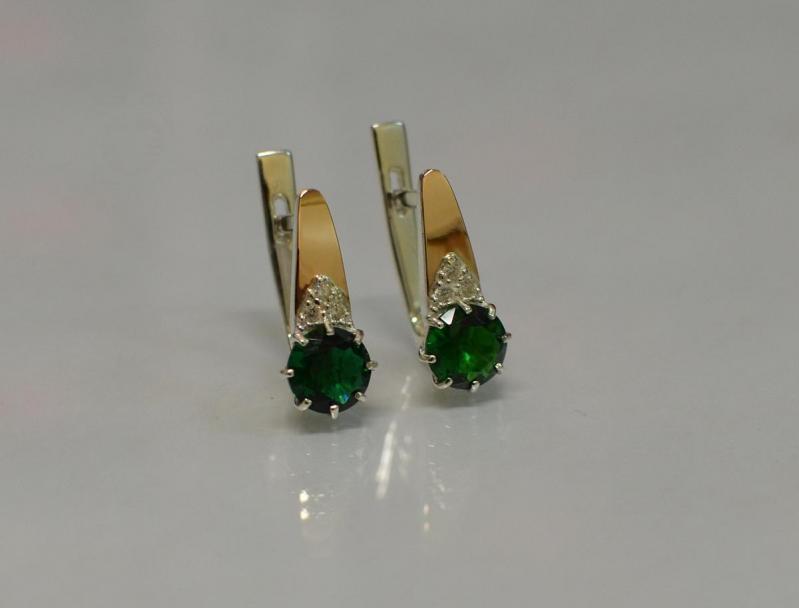 Серебряные серьги Sil с золотыми вставками 124s-5 Зеленый (Sil-778)