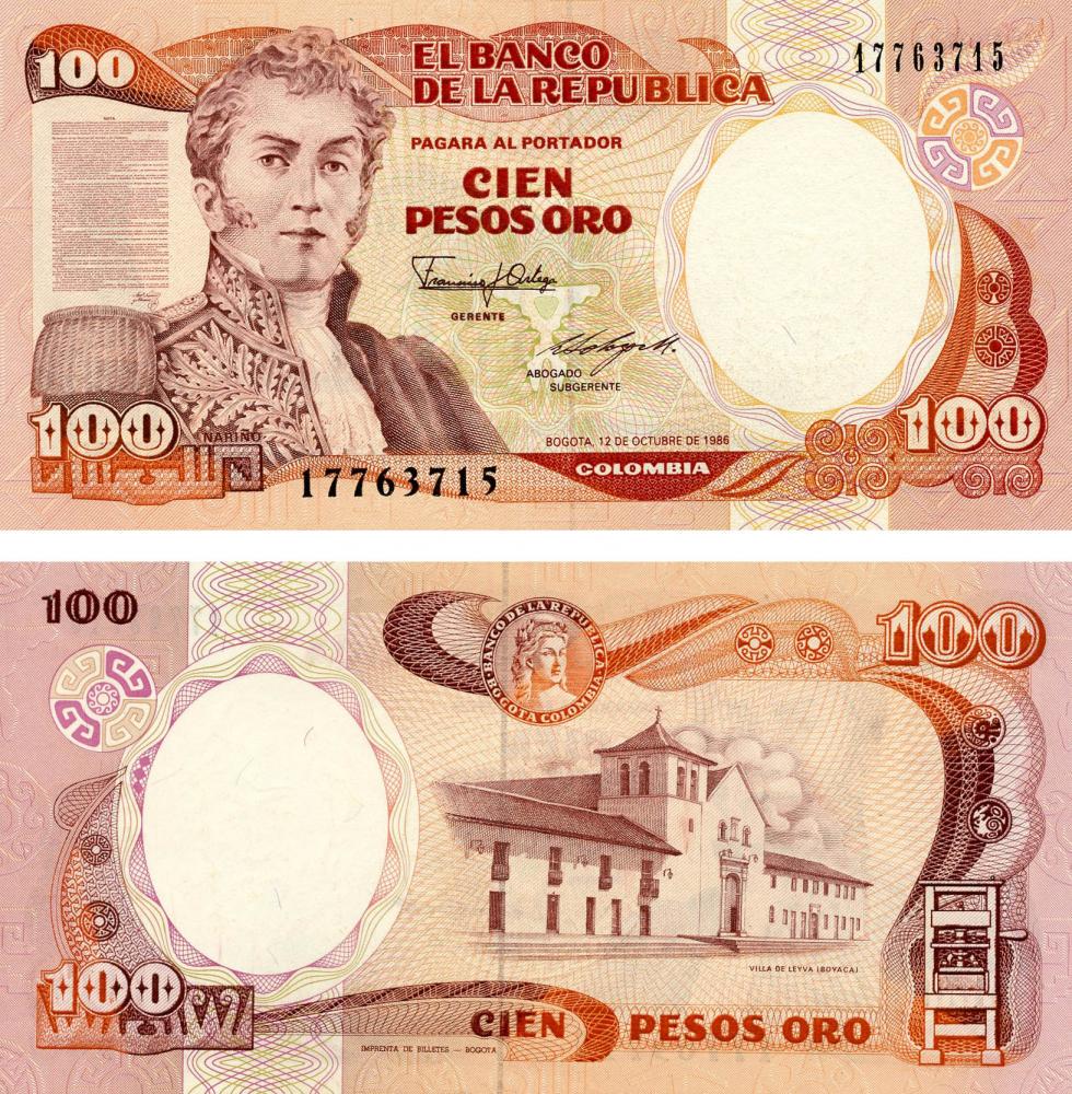 Коллекционная банкнота Колумбия 100 песо оро 1986 UNC P426c (Б05525)