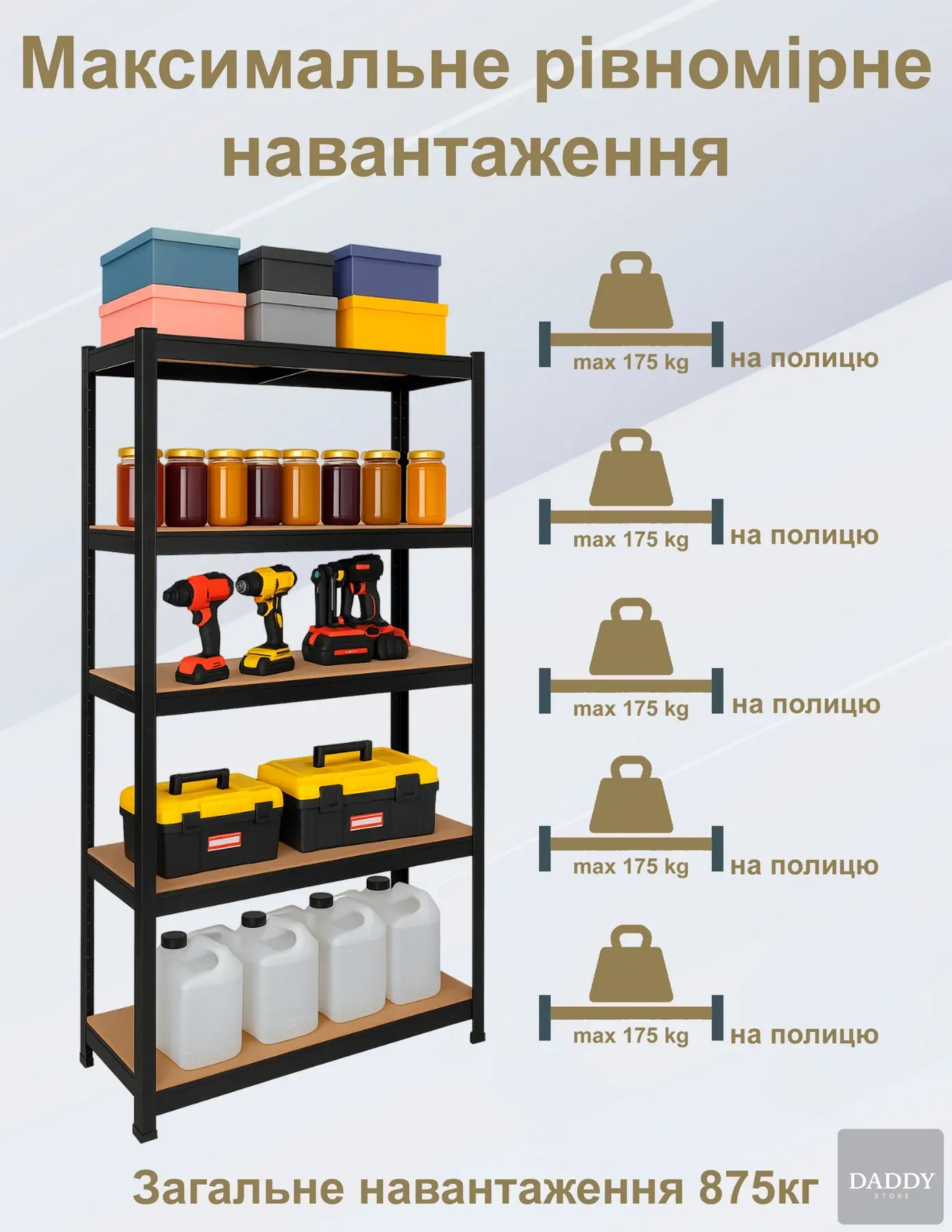 Стелаж 4P StrongShelf 180х90х40 см рівномірне навантаження 175 кг/полицю загальне навантаження до 875 кг Чорний - фото 5