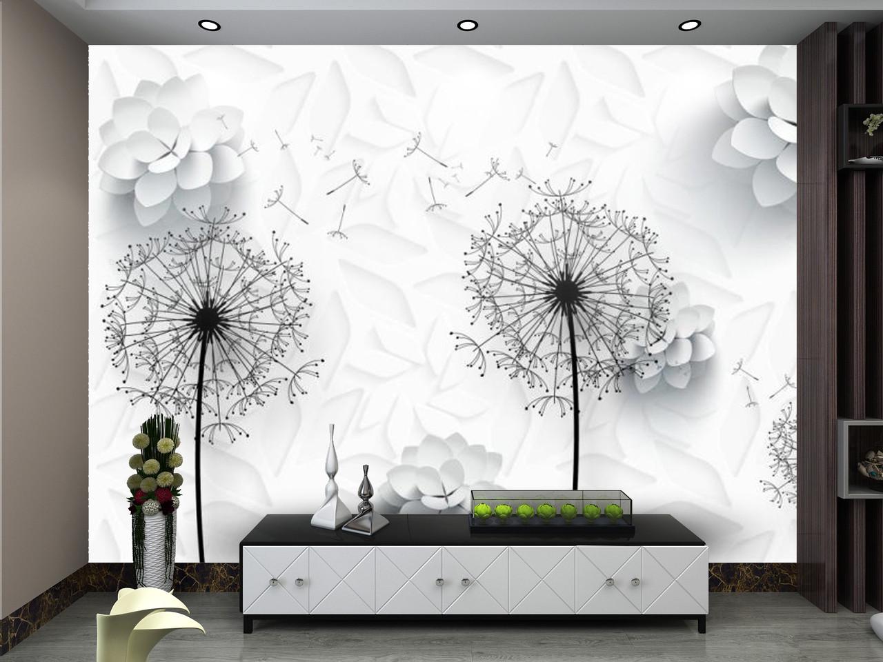 Фотообои 3D флизелиновые цветочные для спальни/зала/кухни Одуванчики на белом фоне Фотообои 3D флизелиновые цветочные для спальни/зала/кухни Одуванчики на белом фоне