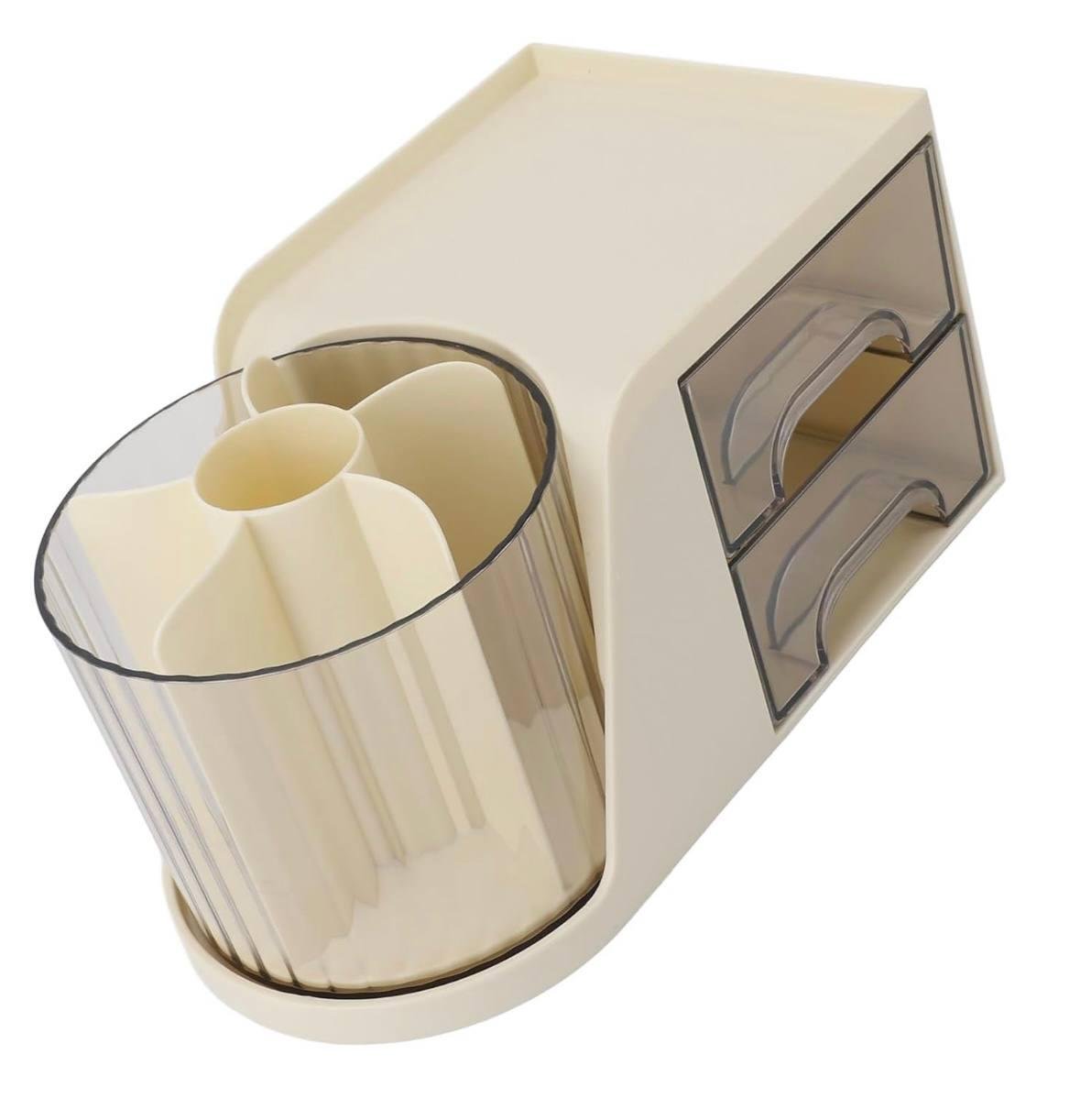 Органайзер для канцелярии с вращающимся стаканом на 6 отделений и выдвижными ящиками кремовый (5f2826fe) - фото 4