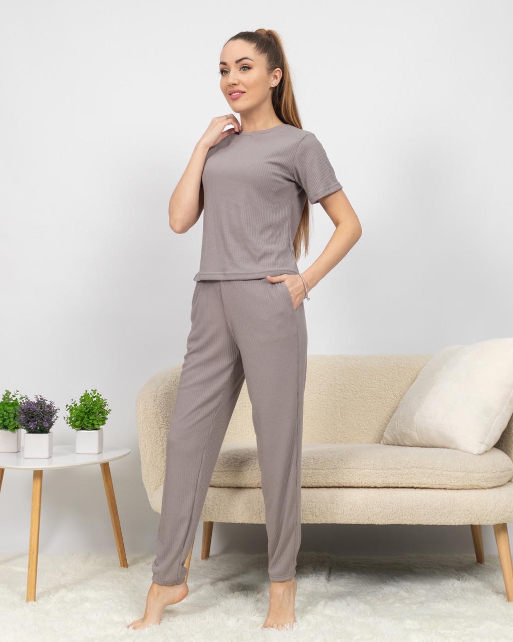 Женская пижама из рубчика футболка и брюки Темно-серый (2188007736)