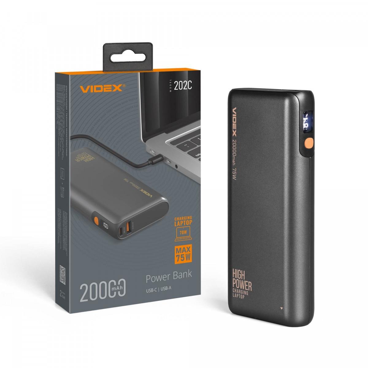 Павербанк VIDEX VPB-202C 75W QC+PD Grey 20000mAh