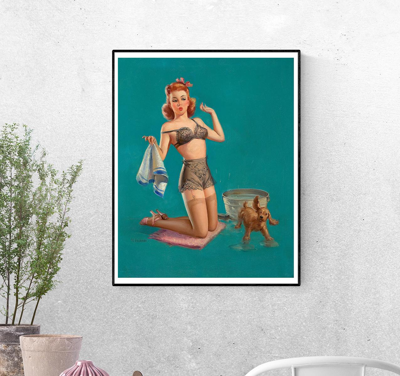 Постер Девушка купает собаку в ванне стиль Арта Фрама формат А-1 (pin_up1725005_Poster)