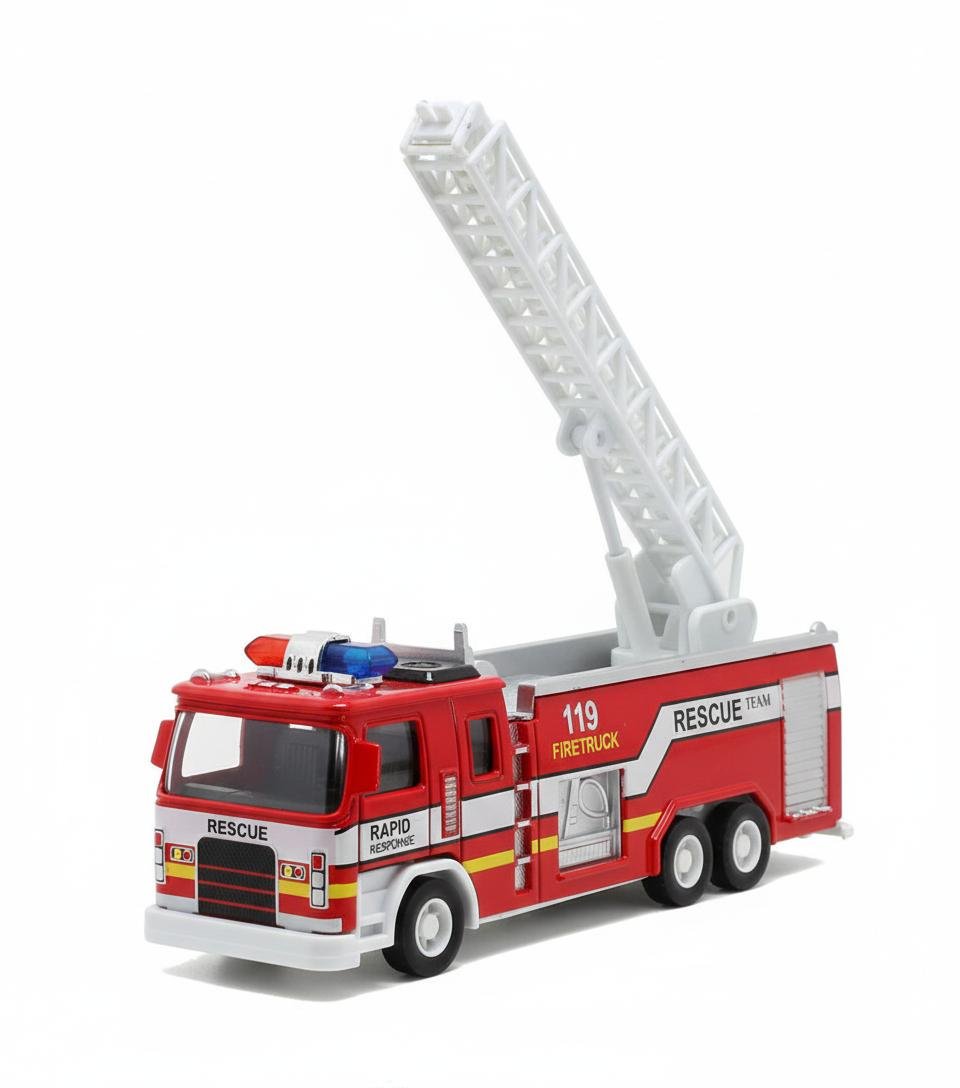Игрушечная пожарная машина с инерционным механизмом/светом и звуком и выдвижной лестницей 1:32 Красный (51616) Игрушечная пожарная машина с инерционным механизмом/светом и звуком и выдвижной лестницей 1:32 Красный (51616)
