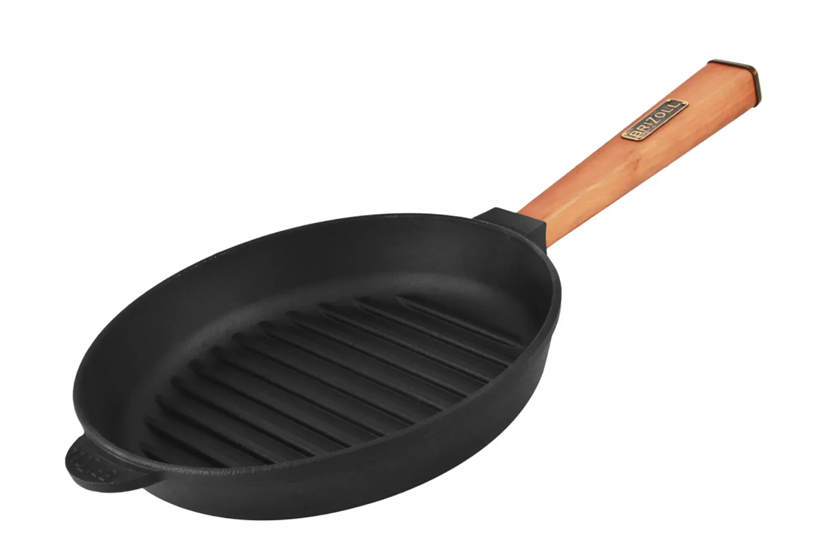 Сковорода чугунная Brizoll гриль Optima с деревянной ручкой 260х40 мм