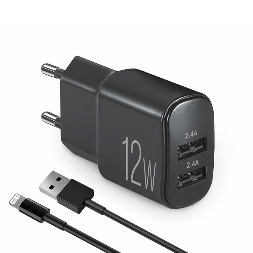 Зарядное устройство сетевое Brevia ePower 12W 2xUSB-A с кабелем USB-A to Lightning 1 м Черный (45012DULB)