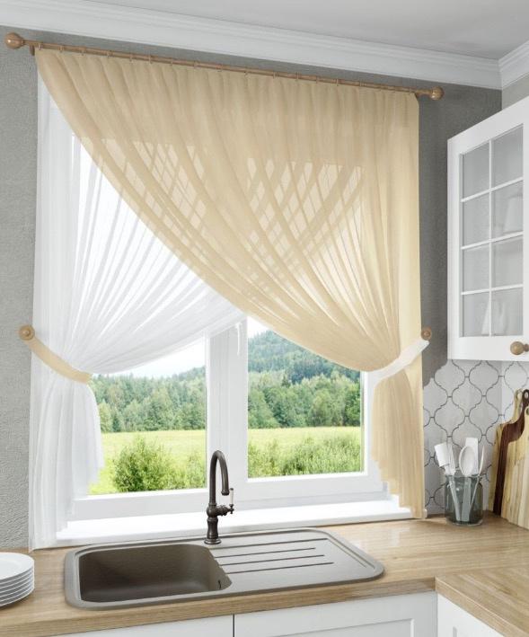 Комплект на кухню шторы/тюль с подвязками 280х170 см Бежевый/Белый (1000к 2)
