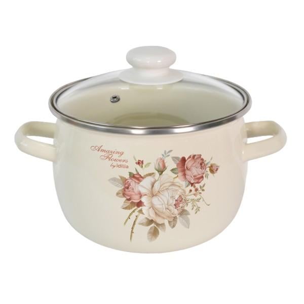 Кастрюля эмалированная Роза со стеклянной крышкой 5,0 л (19397)