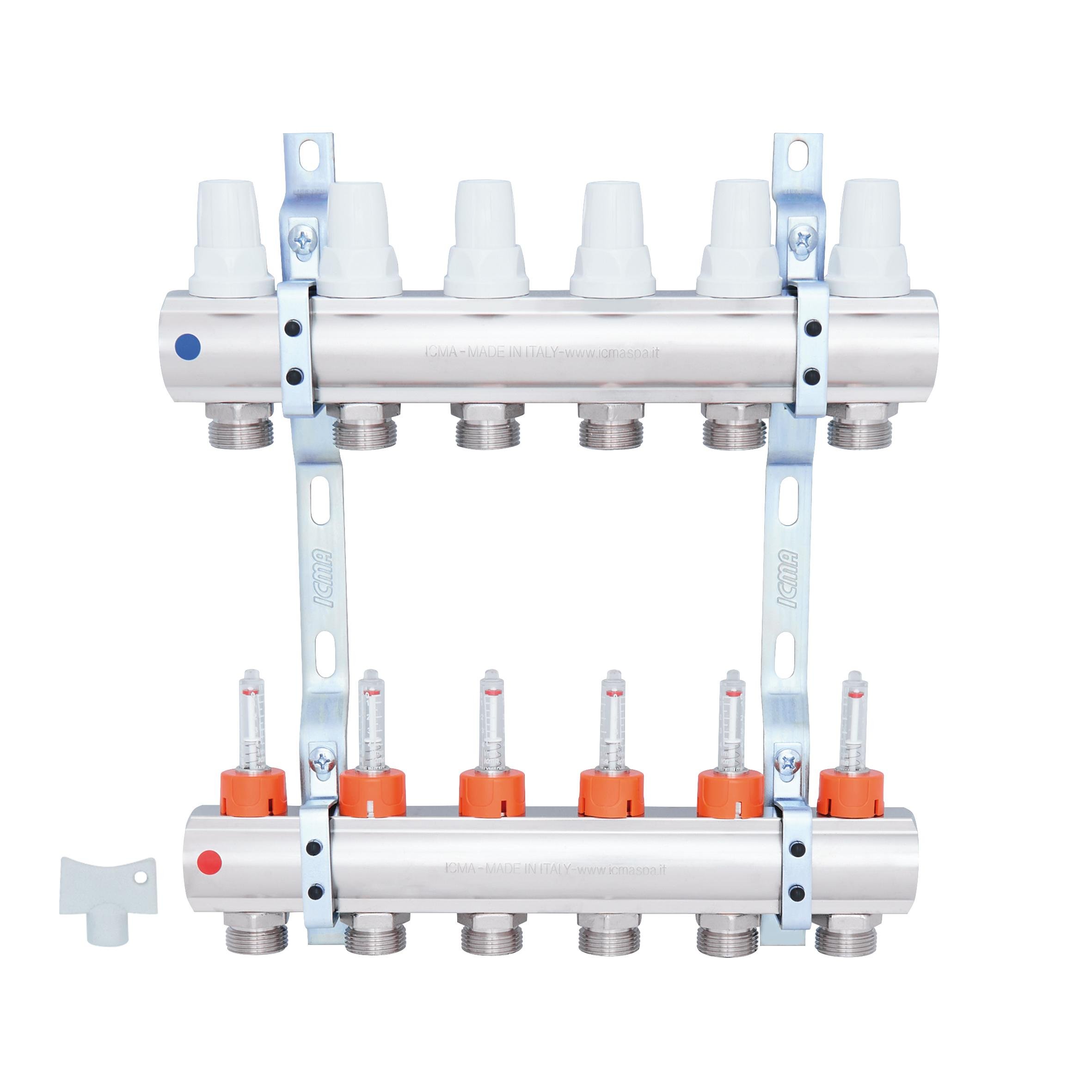 Коллектор для теплого пола ICMA 87K013PK06 6 контуров с расходомерами 1"/3/4" (78713) - фото 3