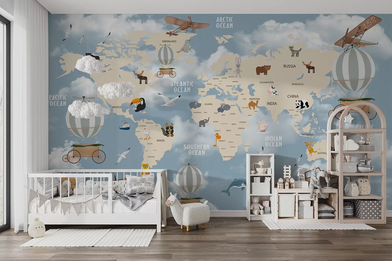 Фотообои флизелиновые Styleo Детская карта мира с животными u48123 300х200 см Синий
