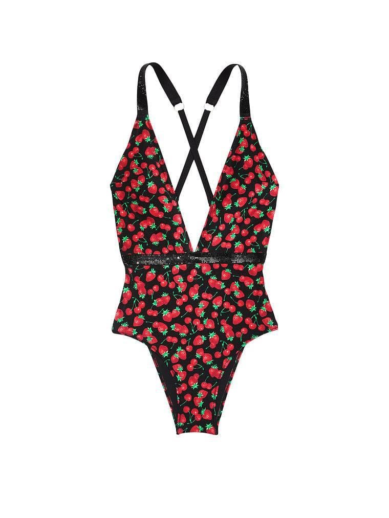Купальник суцільний Victoria's Secret Shine Strap Berry з трикутними чашками/плавками бразиліана та ягідним принтом S Чорний (3158119664)