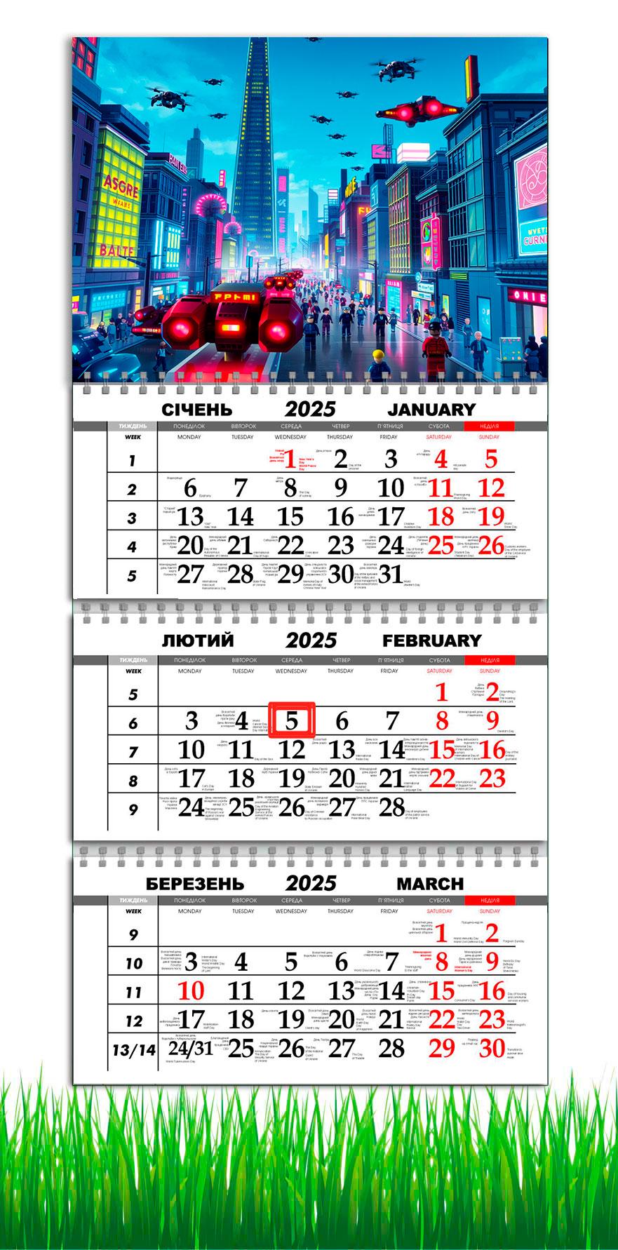 Календарь настенный квартальный на 2025 год APRIORI в стиле Лего на 3 пружины 30х61 см (UA3056)