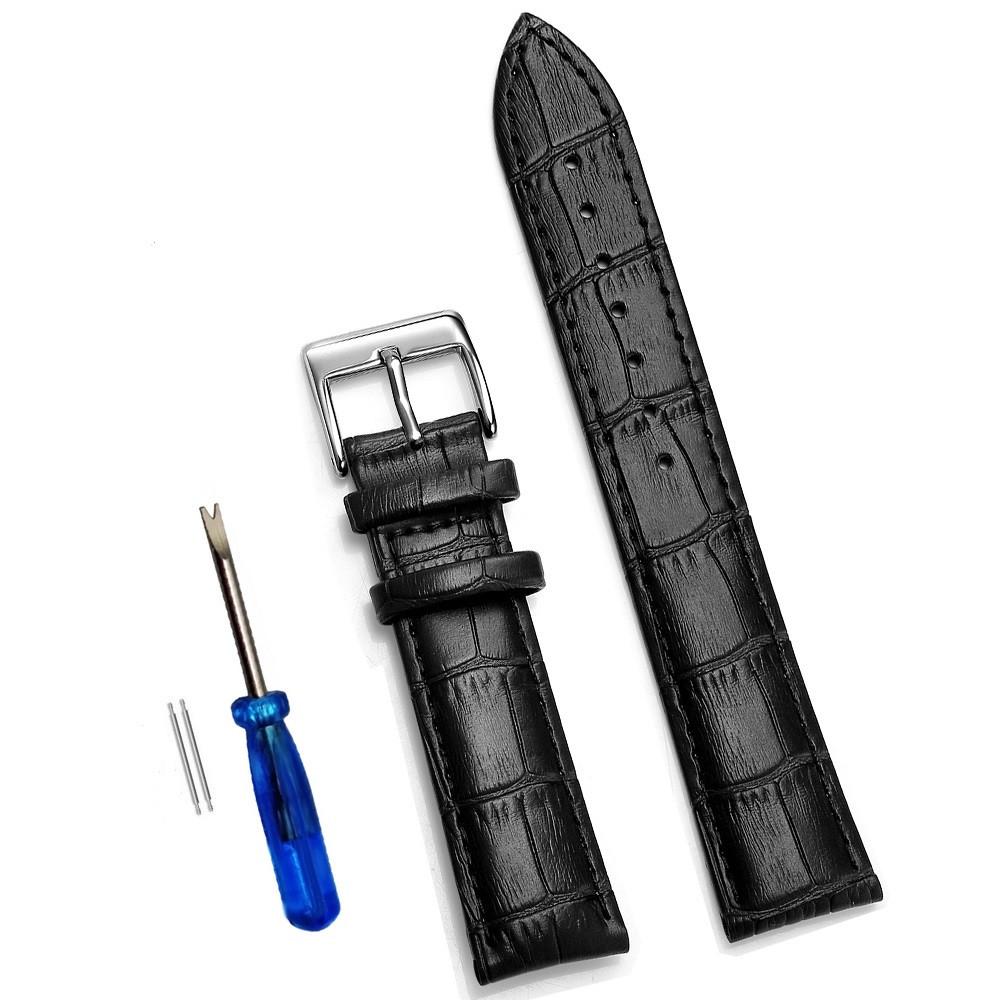 Ремінець для годинника шкіряний 20 мм пряжка срібляста Чорний (05.01.17.BKS)