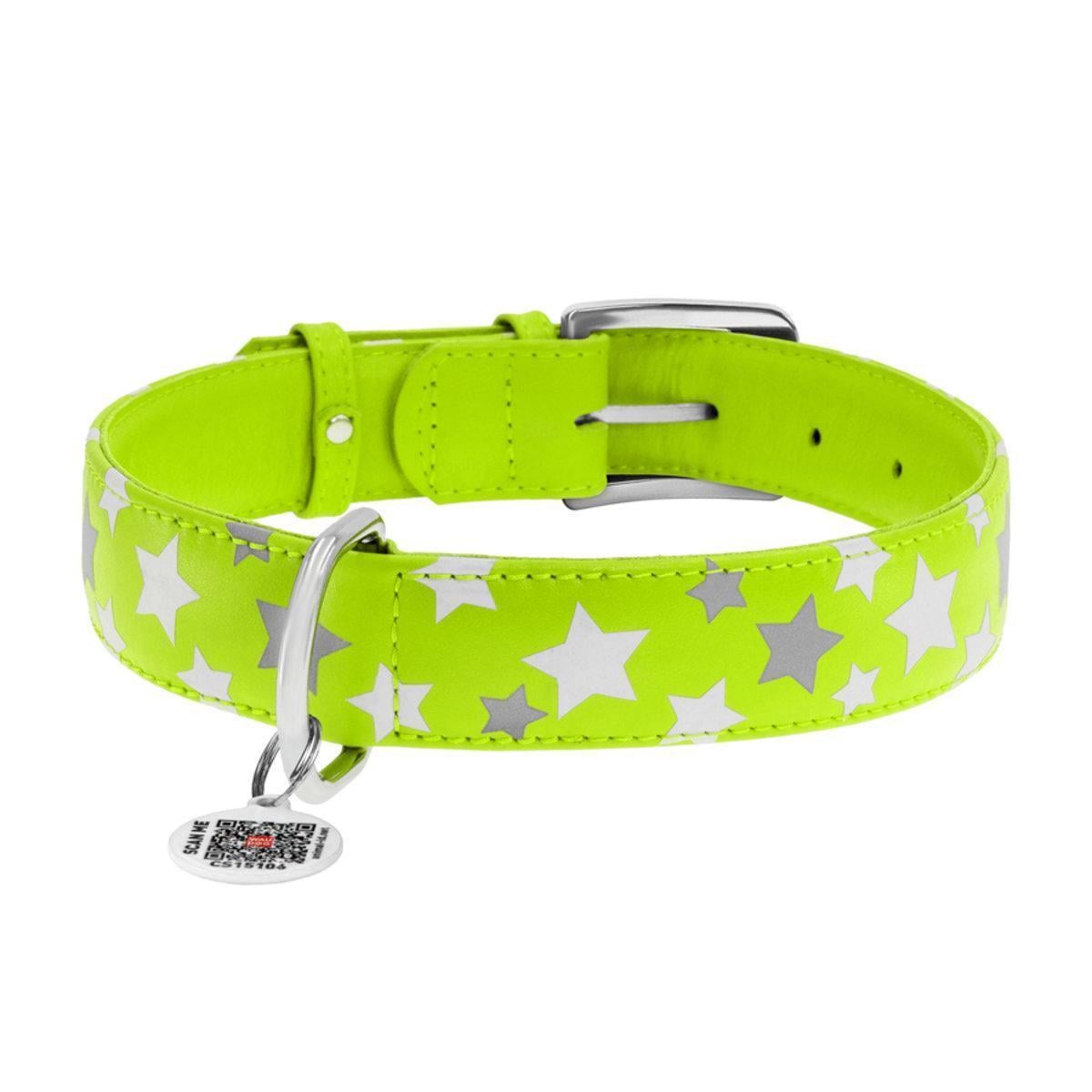 Нашийник для собак шкіряний Waudog Glamour Зірочка з QR паспортом/світлонакопичувальний/світловідбивний XL 35 мм х 46-60 см Салатовий (35885 Col)