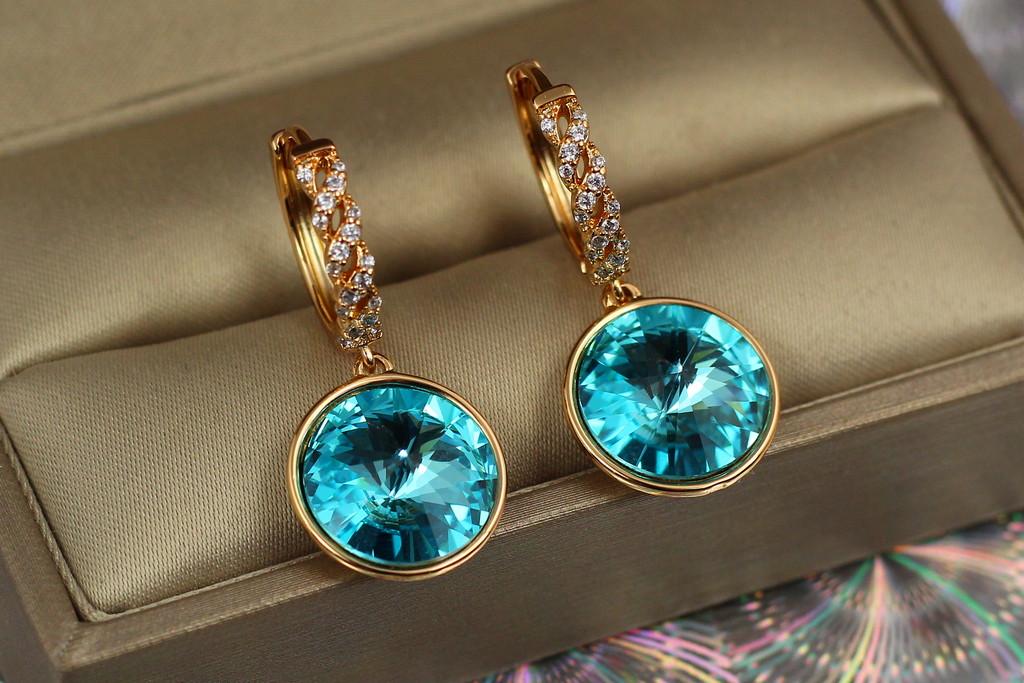 Серьги Xuping Jewelry Подвески крупный камень в ободке 3 см Золотистый/Голубой хамелеон