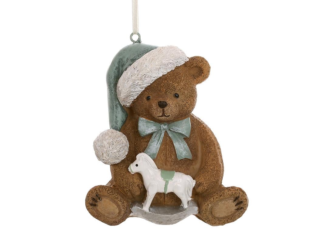 Підвіска новорічна декоративна BonaDi Ведмедик з конячкою гойдалкою 10,5 см Коричневий з тіффані (894-027)