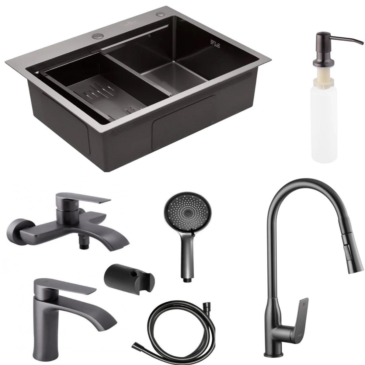 Мийка Kroner 6350HM/змішувач для кухні KRP Graz-GRP030-T/змішувач Želnava 3050101G для ванни/змішувач Želnava 1050101G для умивальника Q-tap