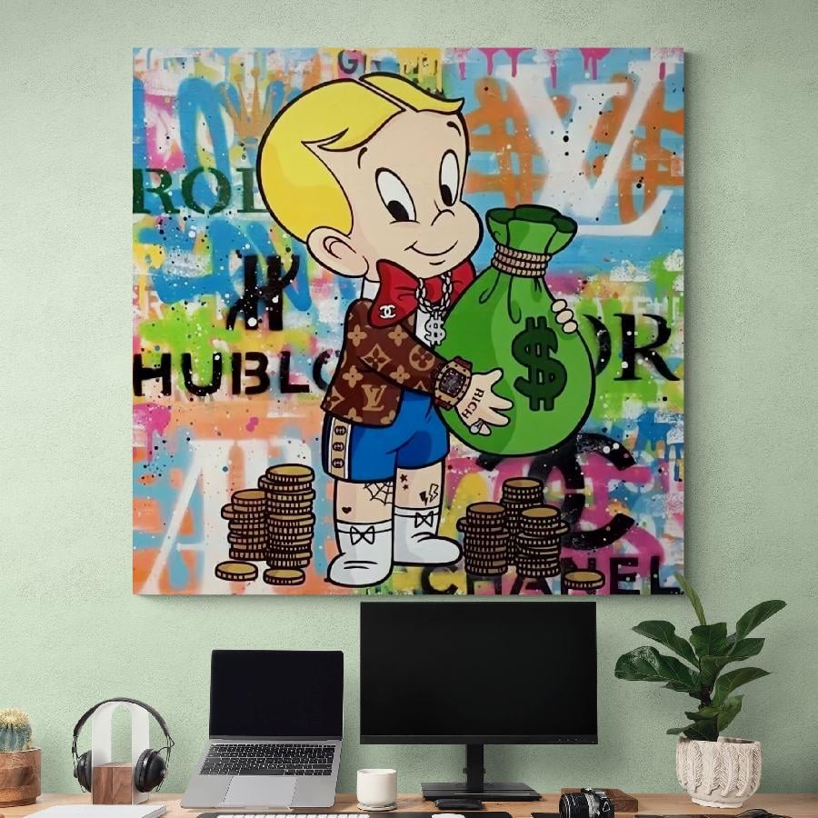 Картина на холсте HolstPrint Мальчик с мешком денег 70х70 см