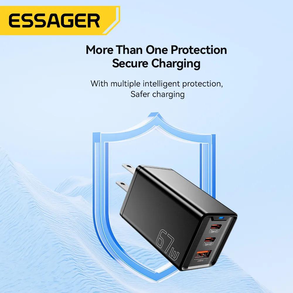 Зарядное устройство Essager 67W GaN Travel Charger JT-G67TC2U1 2 TYPE C USB A EU Black (ECTAC-KSB01-Z) - фото 7 Зарядное устройство Essager 67W GaN Travel Charger JT-G67TC2U1 2 TYPE C USB A EU Black (ECTAC-KSB01-Z) - фото 7