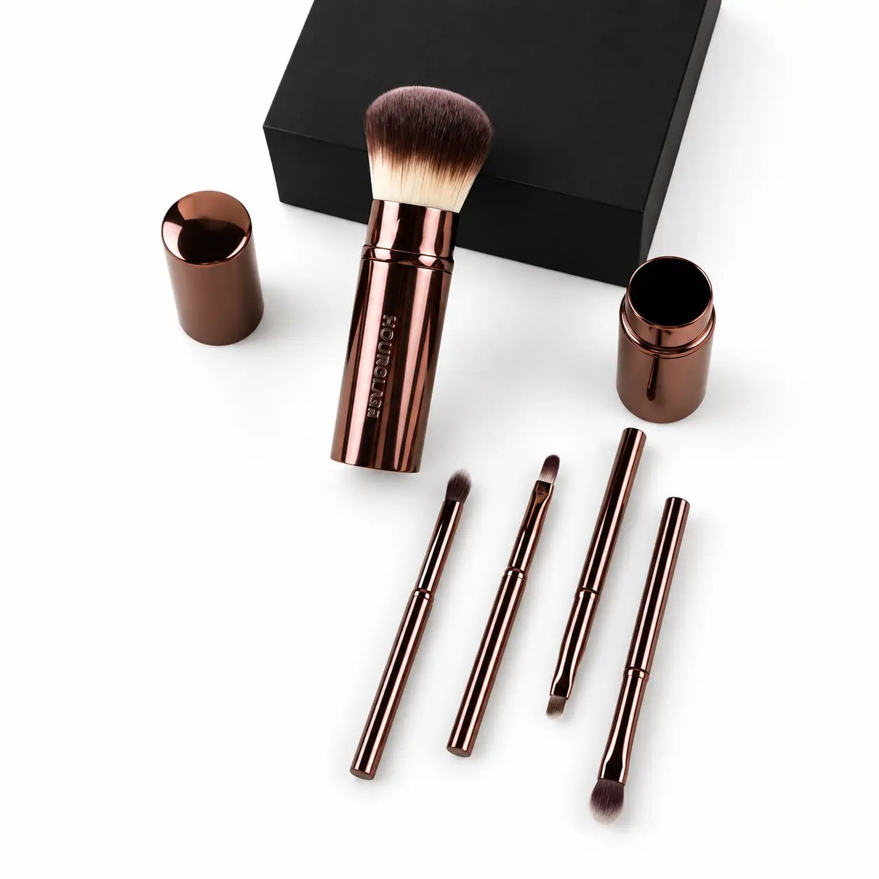 Набор кистей для макияжа лица и глаз Hourglass Travel Brush Set 5в1 с металлическим футляром Коричневый