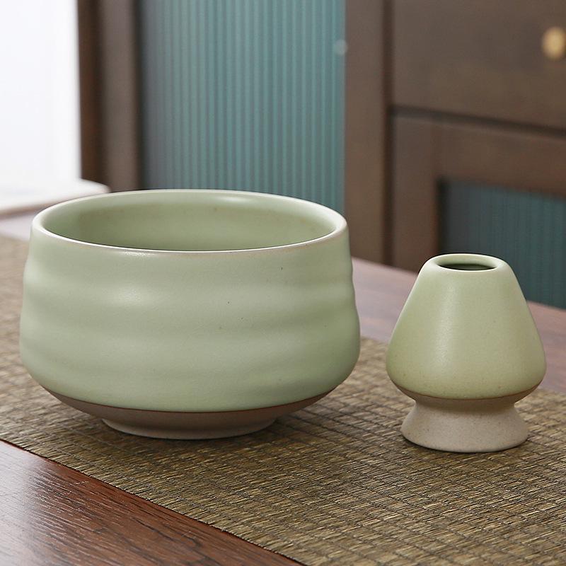 Комплект чаша Чаван/Тяван керамическая для чая матча с подставкой Кусенаоши венчика часен Зеленый (KC21G)