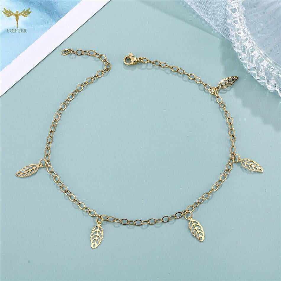 Браслет женский на ногу Листочек с позолотой из медицинской стали 26 см (BA-029)