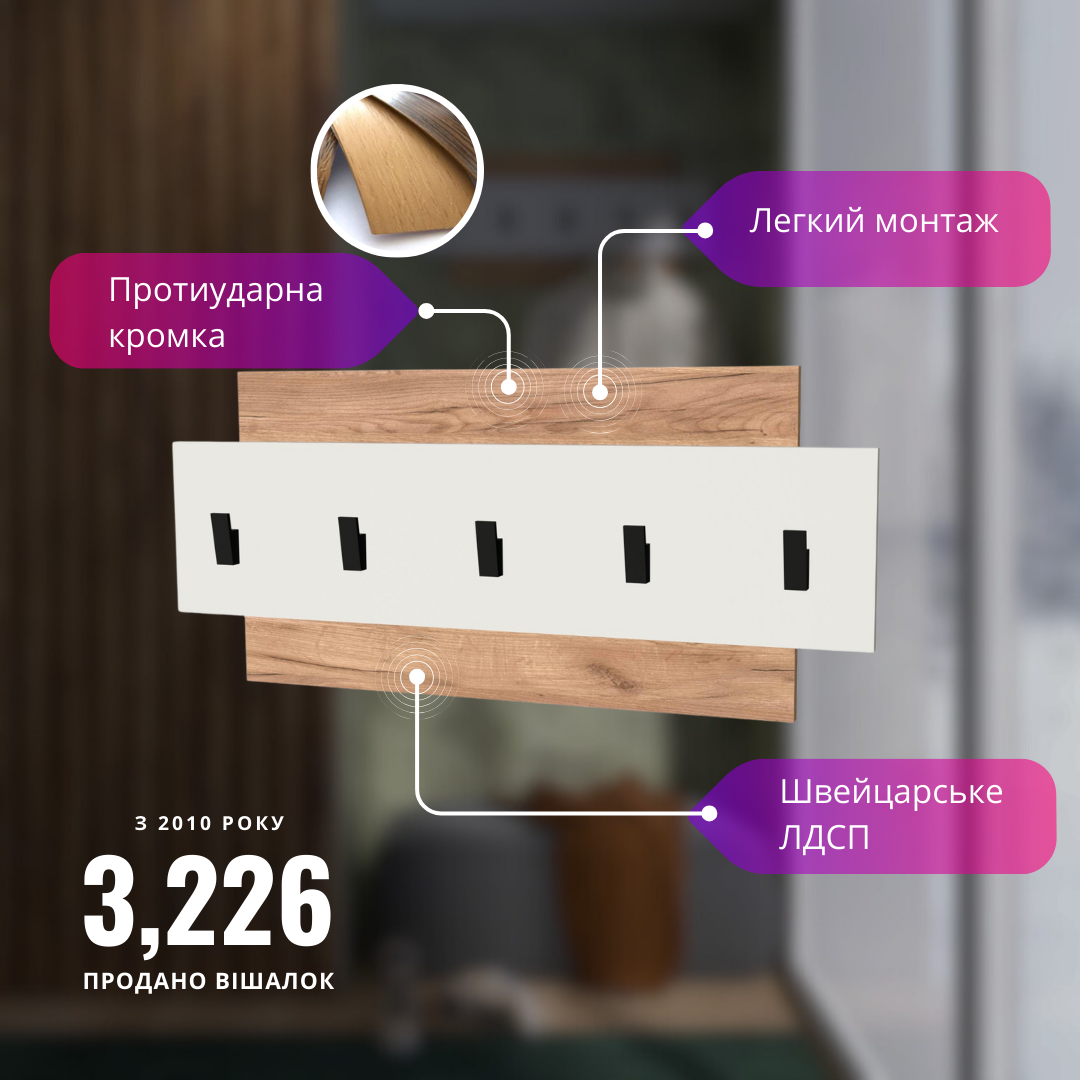 Вешалка настенная Эверест Нордик-800 80х3х36 см Белый/Дуб крафт золотой (EVR-5519) - фото 2