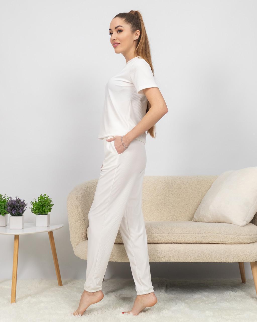 Женская пижама из рубчика футболка и брюки Белый (2188007691) - фото 2 Женская пижама из рубчика футболка и брюки Белый (2188007691) - фото 2