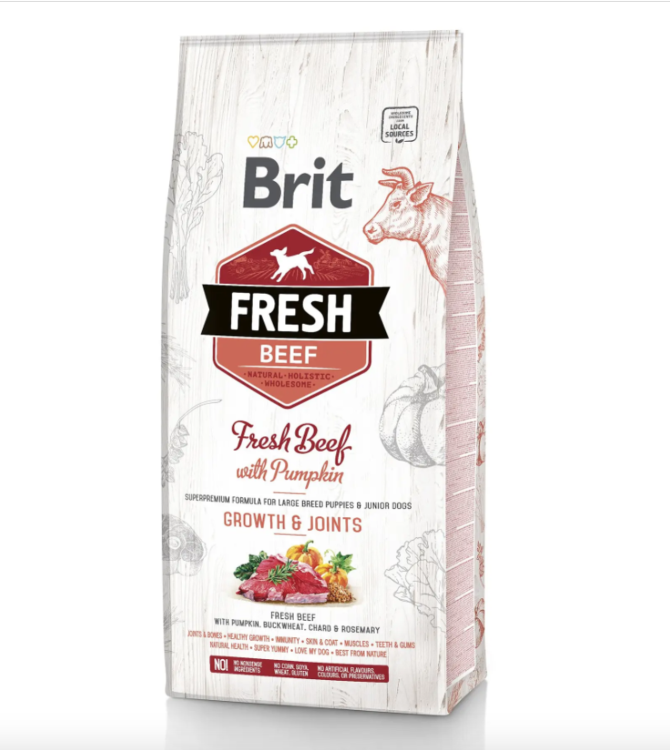Сухой корм Brit Fresh Beef Pumpkin Puppy Junior Growth & Joints для щенков и молодых собак больших пород 12 кг