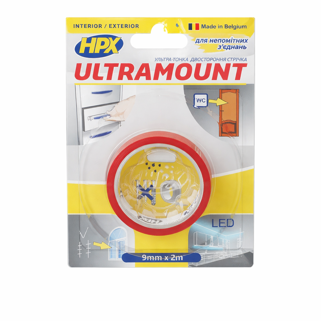 Лента двухсторонняя HPX UM0902 ULTRA MOUNT устойчива к влаге и ультрафиолету 9 мм/2 м Красный (31980563)