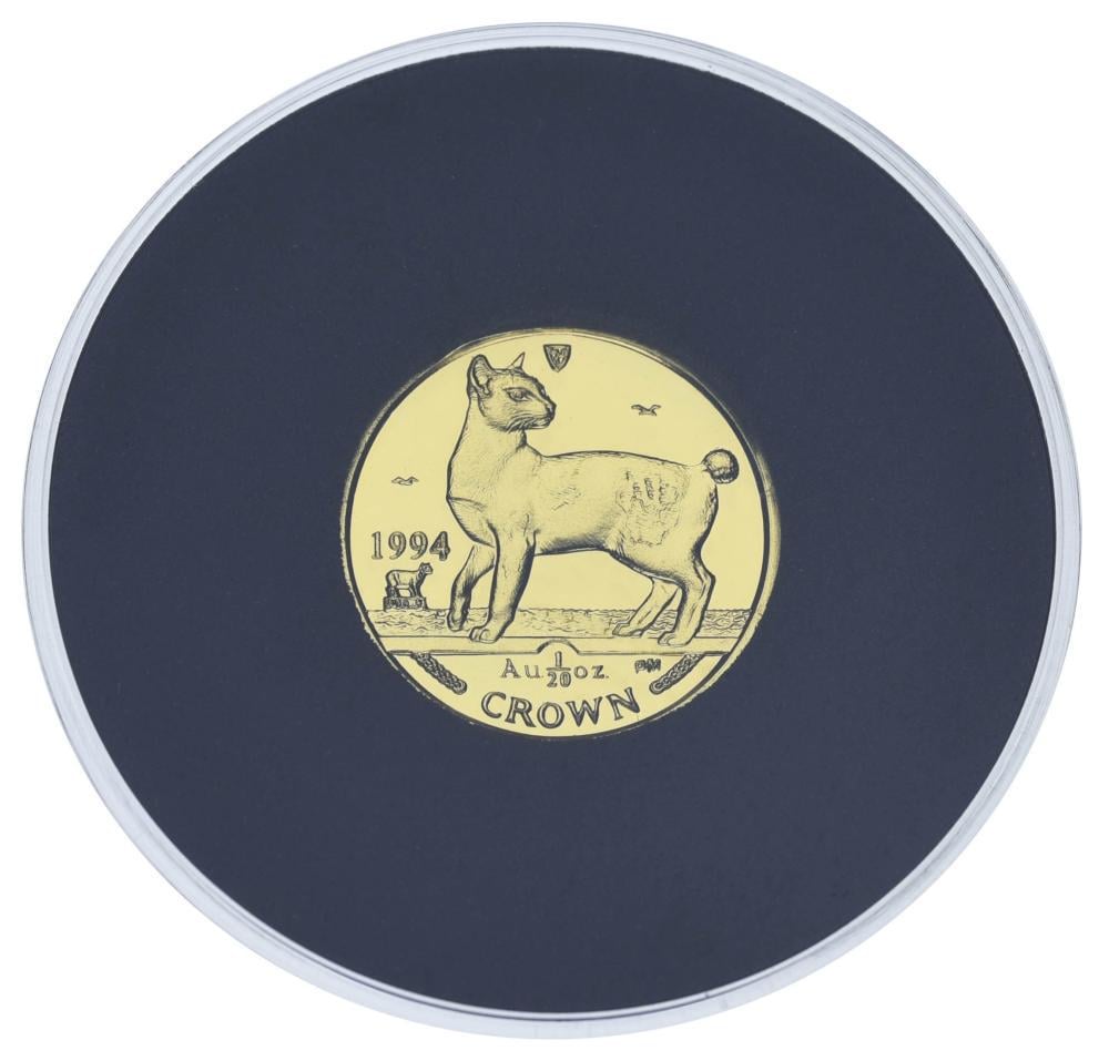 Коллекционная монета Остров Мэн 1 крона 1994/2008 золото Proof Кот Японский бобтейл 1/20 унции