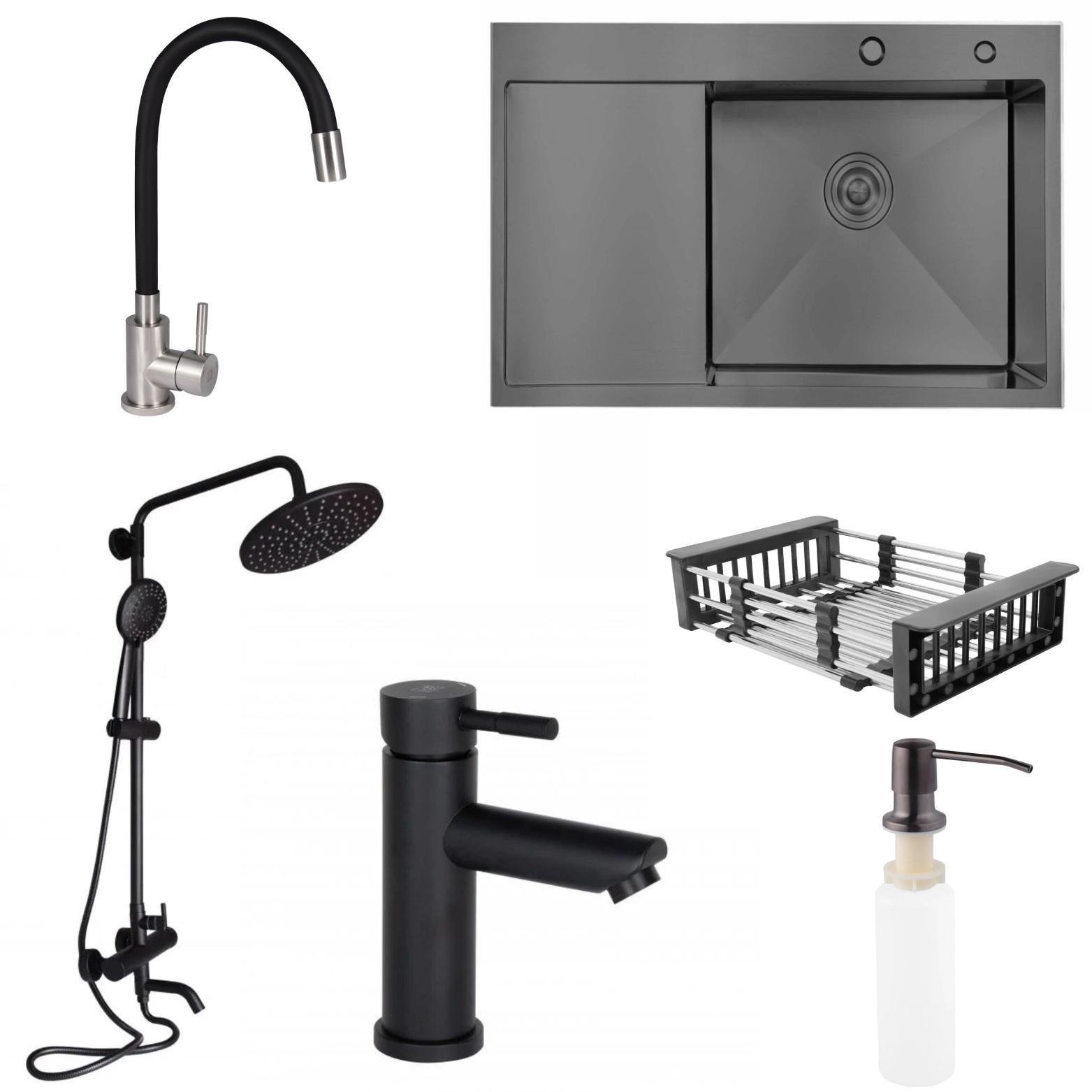 Набір Lidz мийка для кухні Handmade H6350BL/душова система Aria/змішувач для кухні Aria 015F3 з гнучким виливом/змішувач для раковини Aria