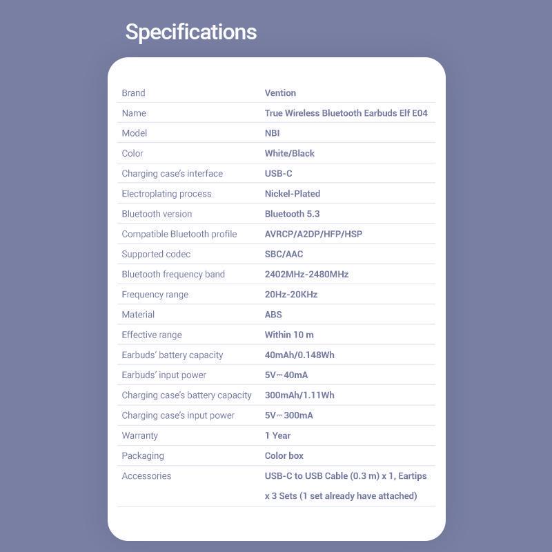 Навушники бездротові Vention Elf E04 Bluetooth 5.3 шумозаглушення TWS 10 мм 22 год відтверення AAC/SBC Hi-Fi водонепроникні IPX5 Чорний (NBIB0) - фото 8 Навушники бездротові Vention Elf E04 Bluetooth 5.3 шумозаглушення TWS 10 мм 22 год відтверення AAC/SBC Hi-Fi водонепроникні IPX5 Чорний (NBIB0) - фото 8