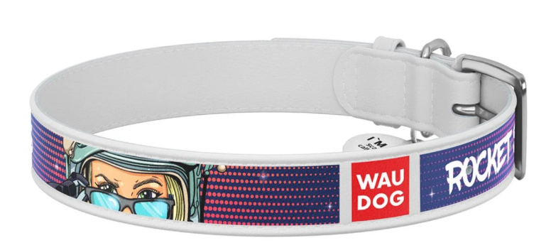 Ошейник для собак кожаный WAUDOG Design с QR паспортом Космос Ракетостроение L Ш 25 мм Д 38-49 см Белый (Collar0025-0124-15)