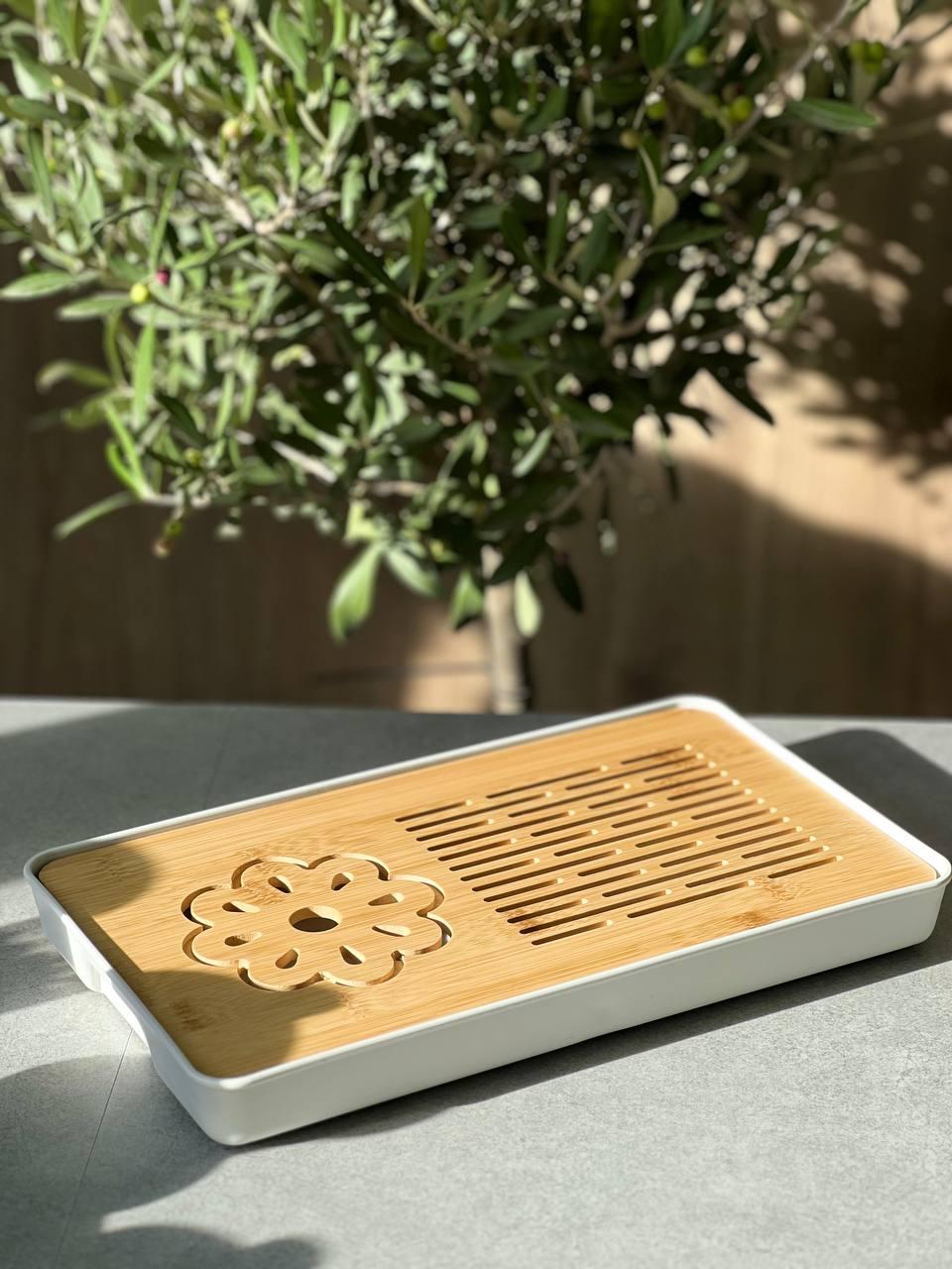 Таця-чабань для чайної церемонії Ченду з квіткою 31,5х19,2х3,5 см Білий (OS-TT2523-1) - фото 3 Таця-чабань для чайної церемонії Ченду з квіткою 31,5х19,2х3,5 см Білий (OS-TT2523-1) - фото 3