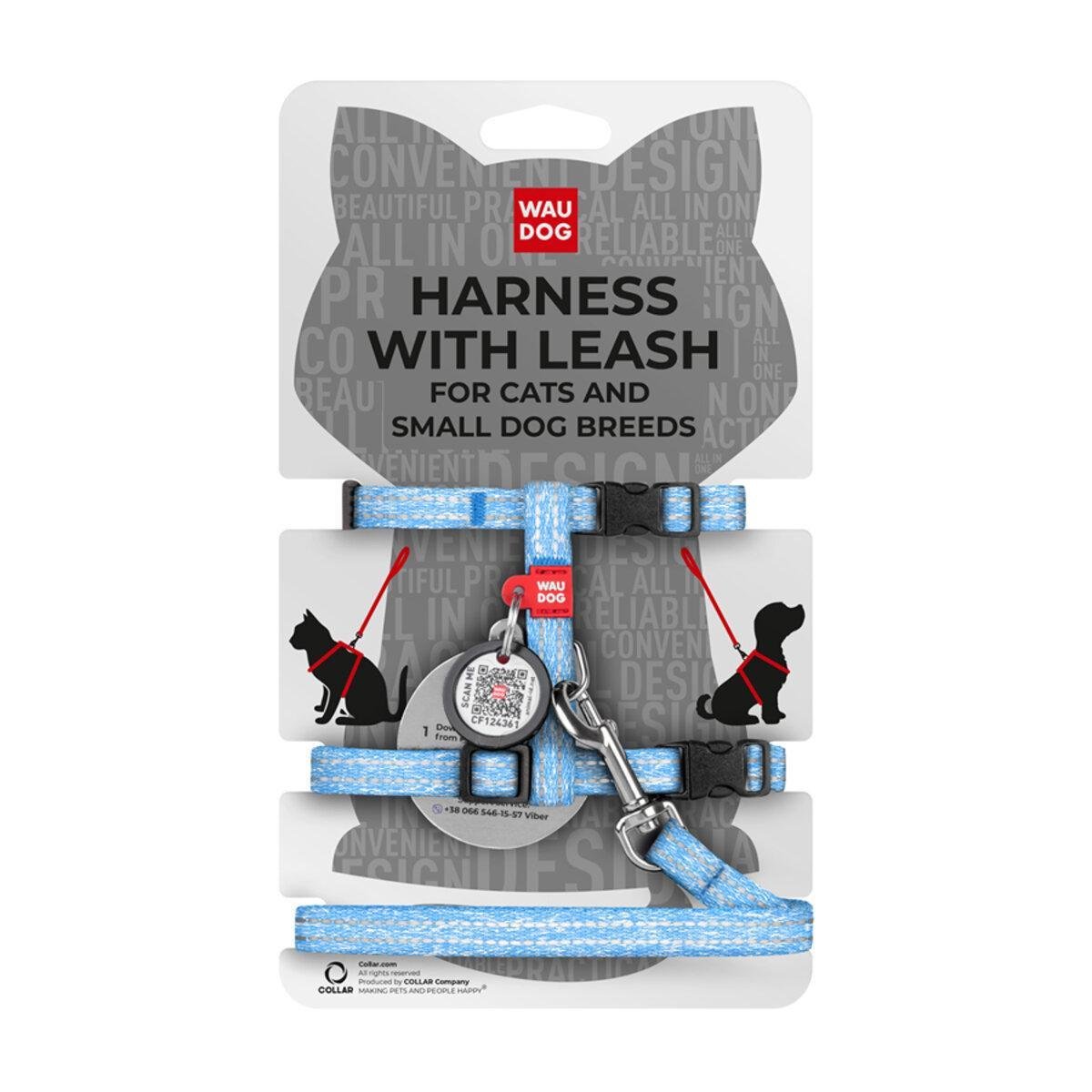 Шлей с поводком для кошек Waudog Re-cotton светоотражающий с QR паспортом XS 10 мм х 122 см х 25-40 см х 20-30 см Голубой (14702 Col)