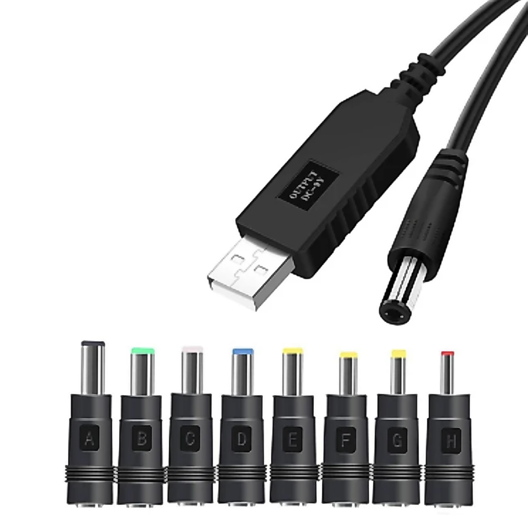 Кабель для роутера від повербанка з перетворювачем на 12V з набором штекерів різного діаметру Кабель для роутера від повербанка з перетворювачем на 12V з набором штекерів різного діаметру