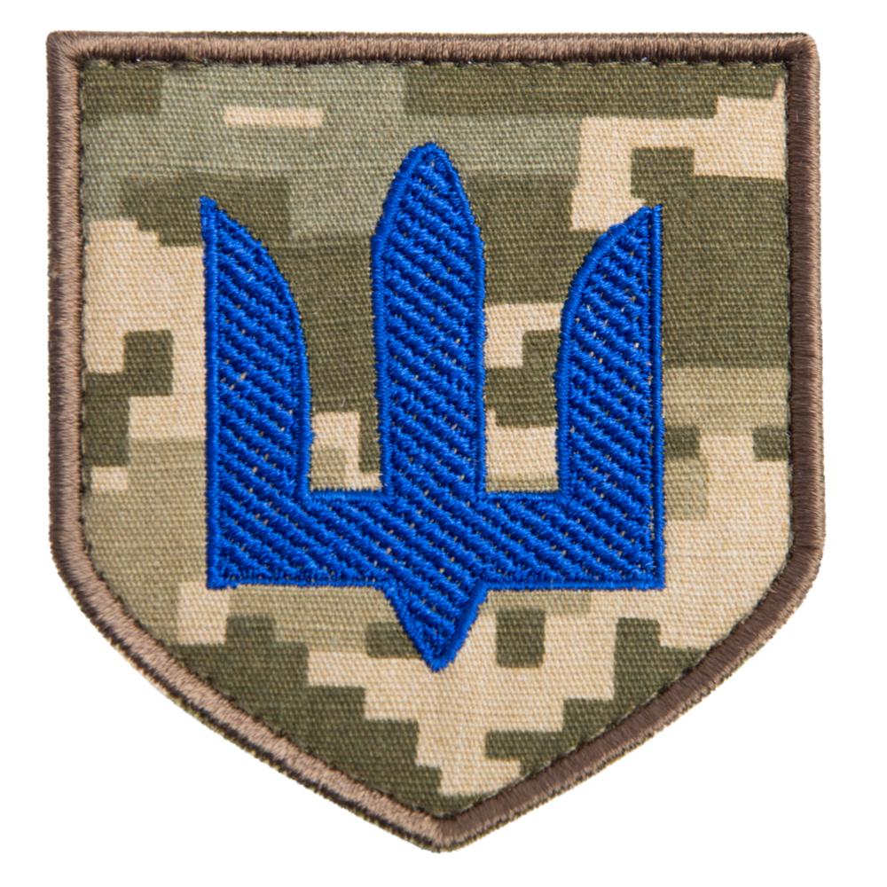 Шеврон на липучці Тризуб ЗСУ 7х7,5 см Синій на пікселі (22533)