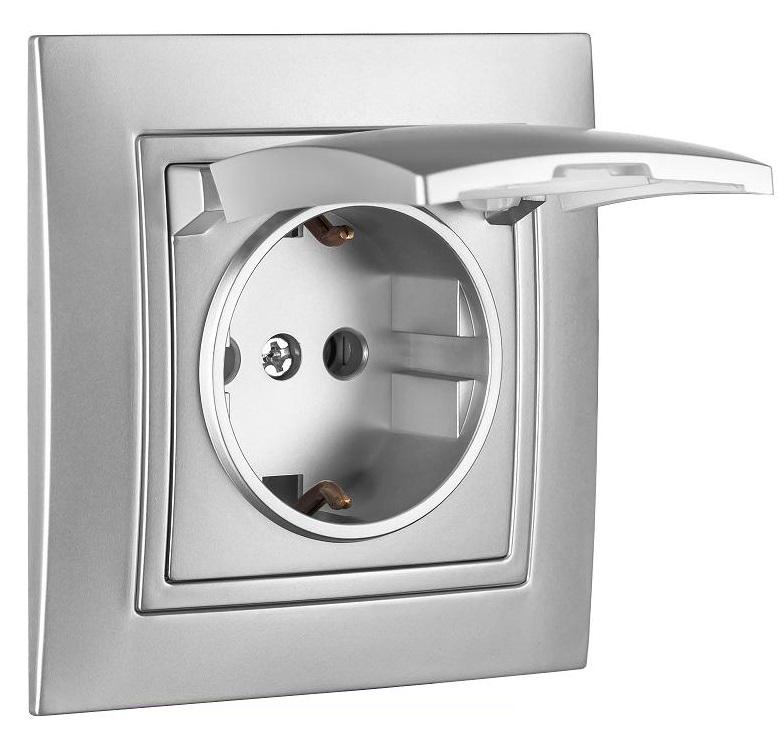 Розетка одноместная с заземлением и крышкой MARSHEL ELEGANT RS16-373 Silver