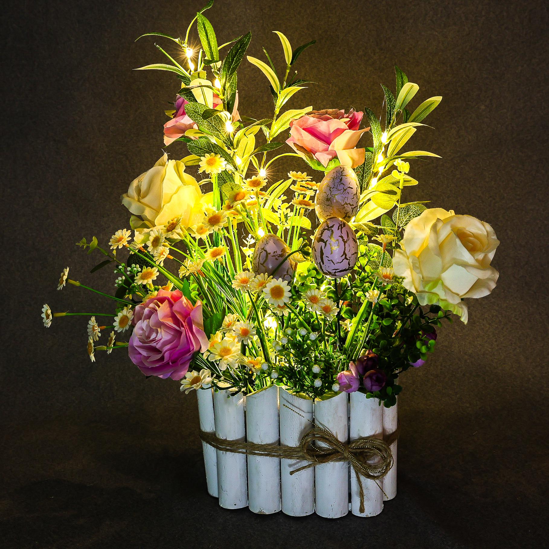 Композиция пасха GALA DECOR с LED-подсветкой 50 см в деревянном кашпо (КД5030Р)