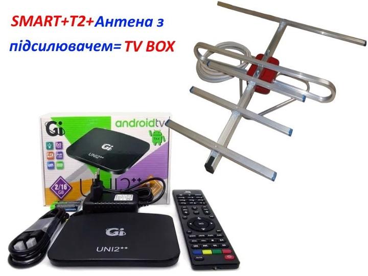 Комплект Смарт AndroidTV/Т2 тюнер GI UNI 2++ 2/16 TM/Антенна комнатная с усилителем A-sus 0,3 (1054) - фото 2